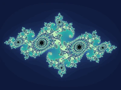 Green and blue filaments surrounding a connected Julia set.