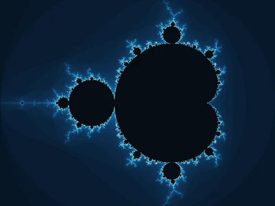 The Mandelbrot set outlined by branching blue and cyan edges.