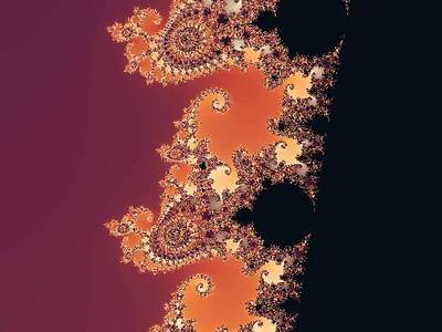 Spiraling orange and gold detail along the Mandelbrot boundary.